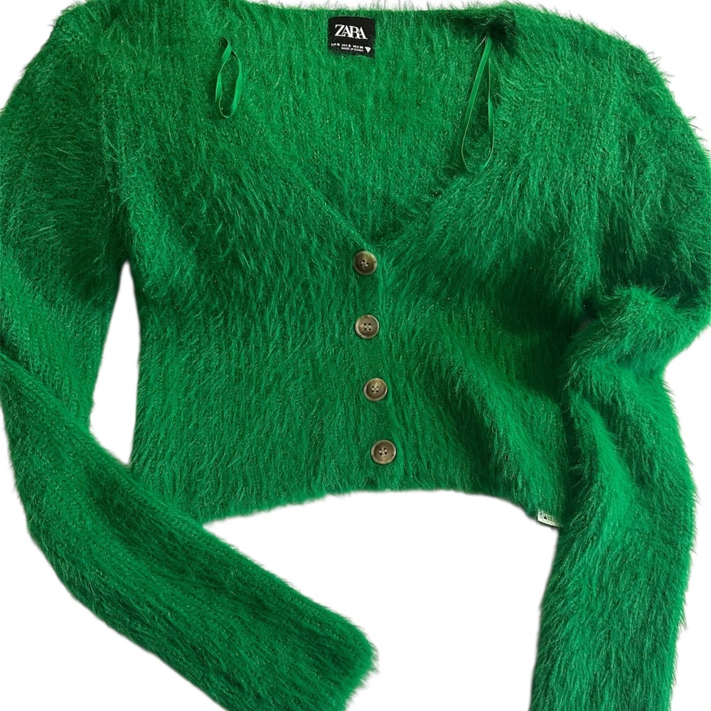 ZARA Green Fluffy Sweater Long Sleeve